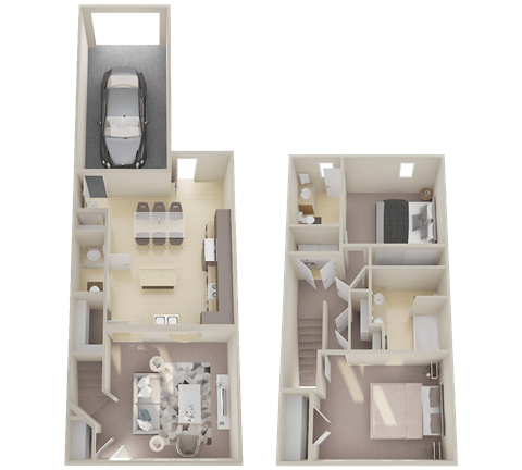 Floor plan for 2 beds, 2.5 baths, 1197 sqft
